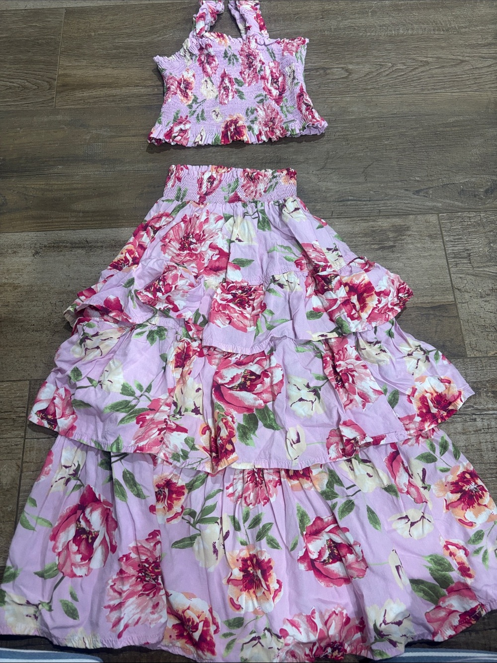 Girls' Floral Pink Tiered Skirt & Smocked Halter Top Set